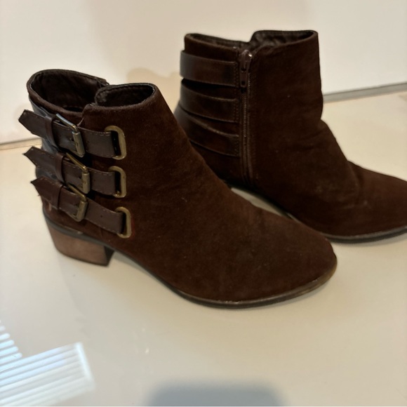 XOXO Shoes - Dark brown suede bootie with buckle on side, zip size 7 1/2